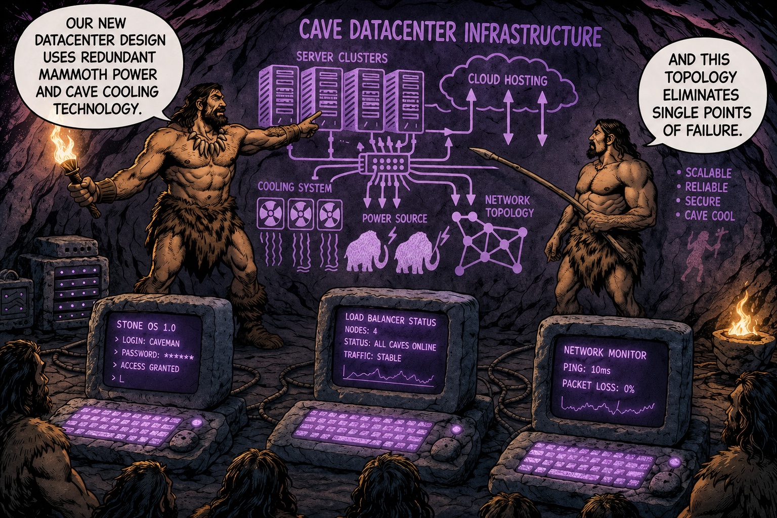 Holbewoners geven een presentatie over de 'cave datacenter infrastructure' met stenen computers en grotschilderingen