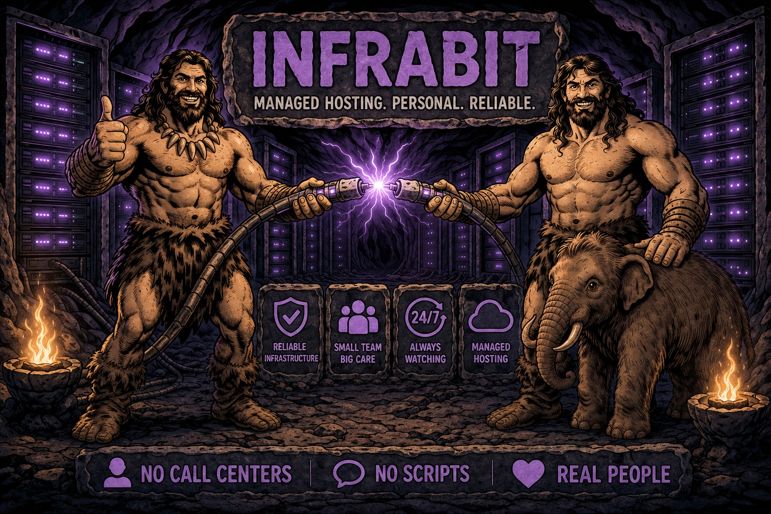 Twee holbewoners verbinden serverkabels naast een mammoet, met de tekst 'InfraBIT: Managed hosting. Personal. Reliable.'